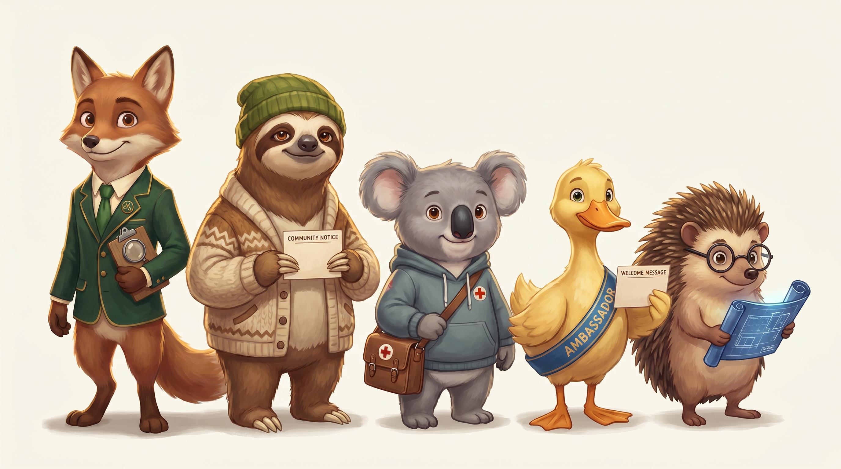 Finn Foxworth, Lenny Slowgood, Milo Sleepwell, Dash Duckworth, and Rex Nerdington — the five citizens of OSHCTOPIA
